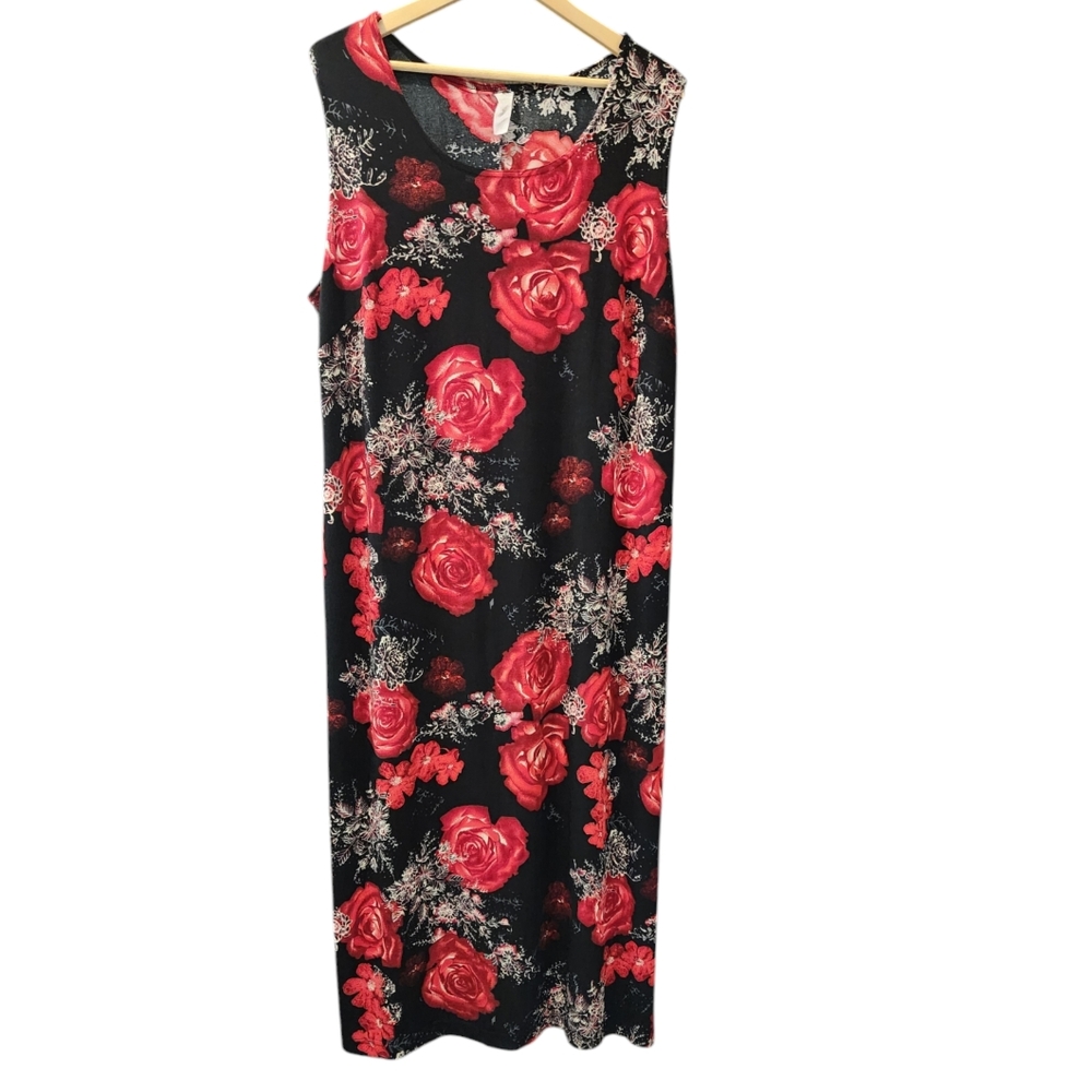 Vintage 90s Y2K XL Rose Print Sleeveless Maxi Dress